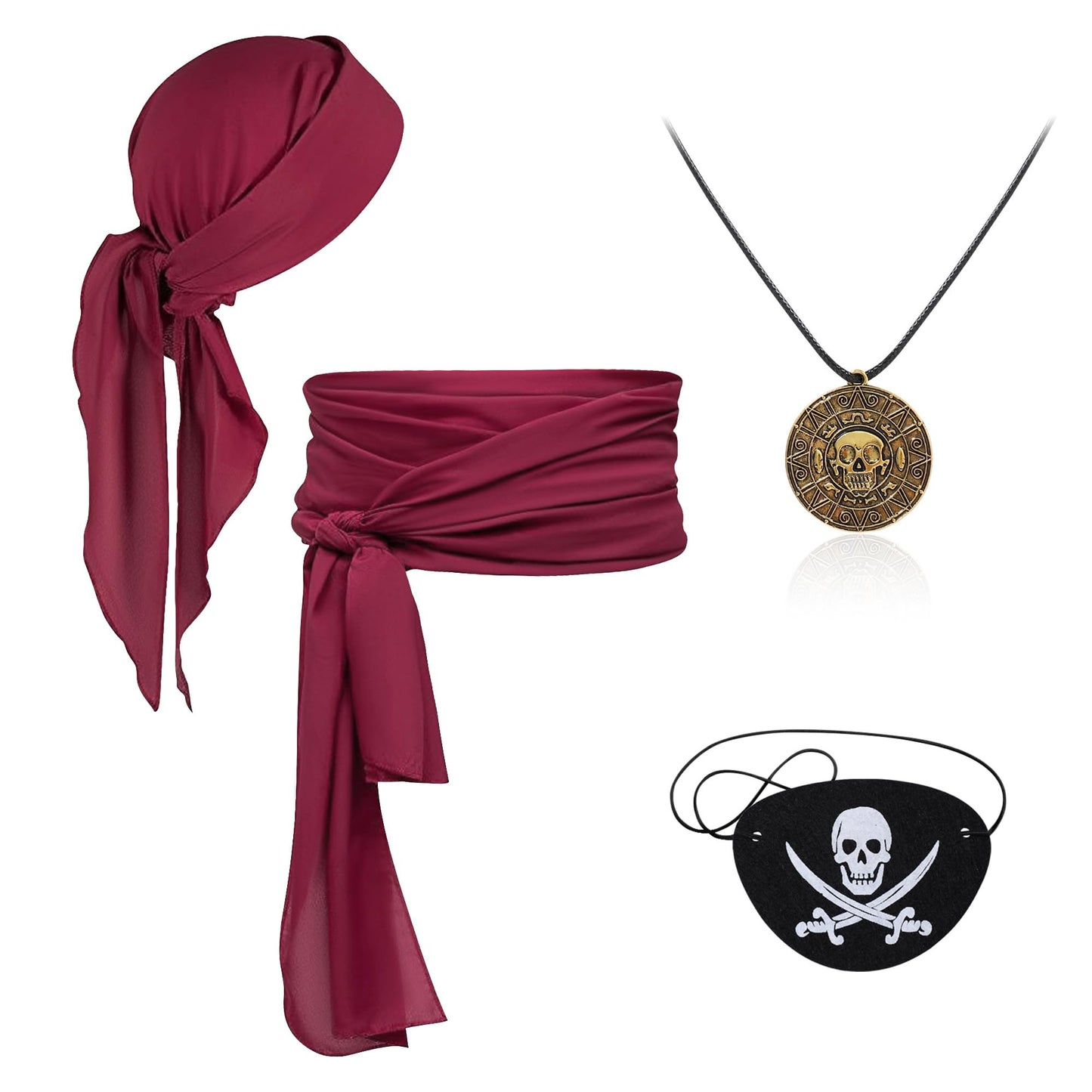 Pirate Accessories Women Men Pireate Hat Head Scarf Sash and Pirate Eye Patch Necklace 4 Piece Pirate Costume Cosplay Waist Belt Bandana Headband Red