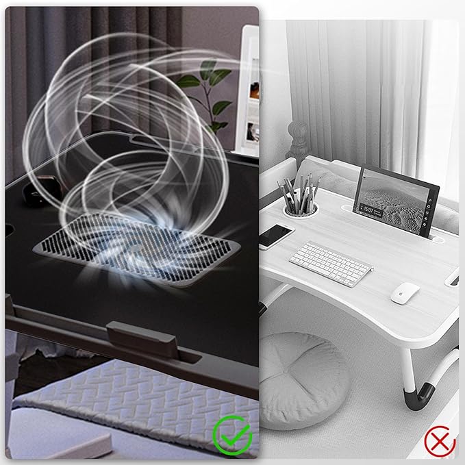 iXTRA Laptop Lap Desk Include Cooling Fan,Adjustable Lap Desk with Light Fan,Folding Laptop Desk for Bed with USB,Bed Desk with Storage Drawer 56 * 32cm,Black