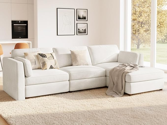 CUGOAO 118'' Modular Sectional Sofa, Oversized L-Shaped Sectional Couch with Ottoman, Deep Seat Chenille Cloud Couch, Mordern Upholstered Couches for Living Room, Apartment, Office, Beige