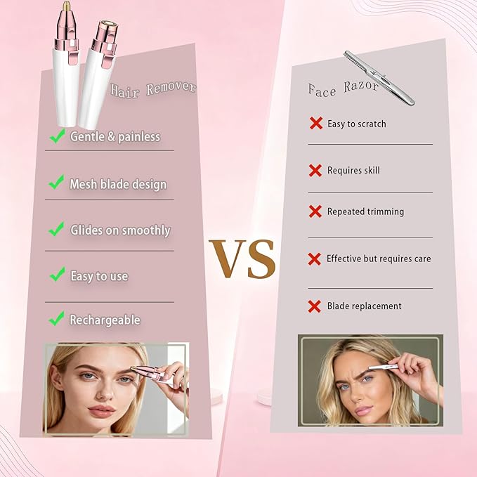 Eyebrow Trimmer Facial Hair Removal for Women, 2 in 1 Electric Rechargeable Face Shaver & Eyebrow Razor with Painless Gentle Trimming - for Face, Upper Lip, Eyebrows