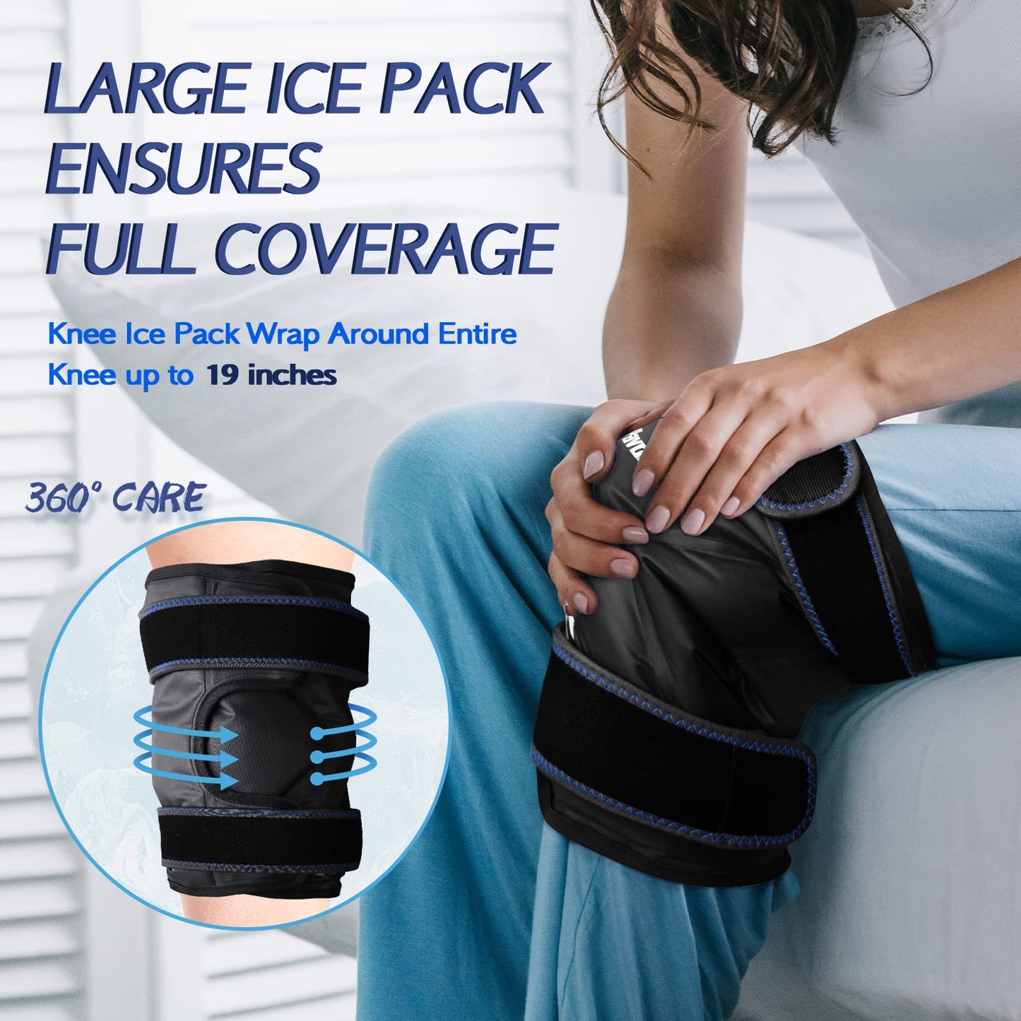 KingPavonini XXL Knee Ice Pack Wrap Around Entire Knee After Surgery, Large Reusable Gel Ice Pack for Injuries, Pain Relief, Swelling, Sports Injuries, 1 Pack (Black)