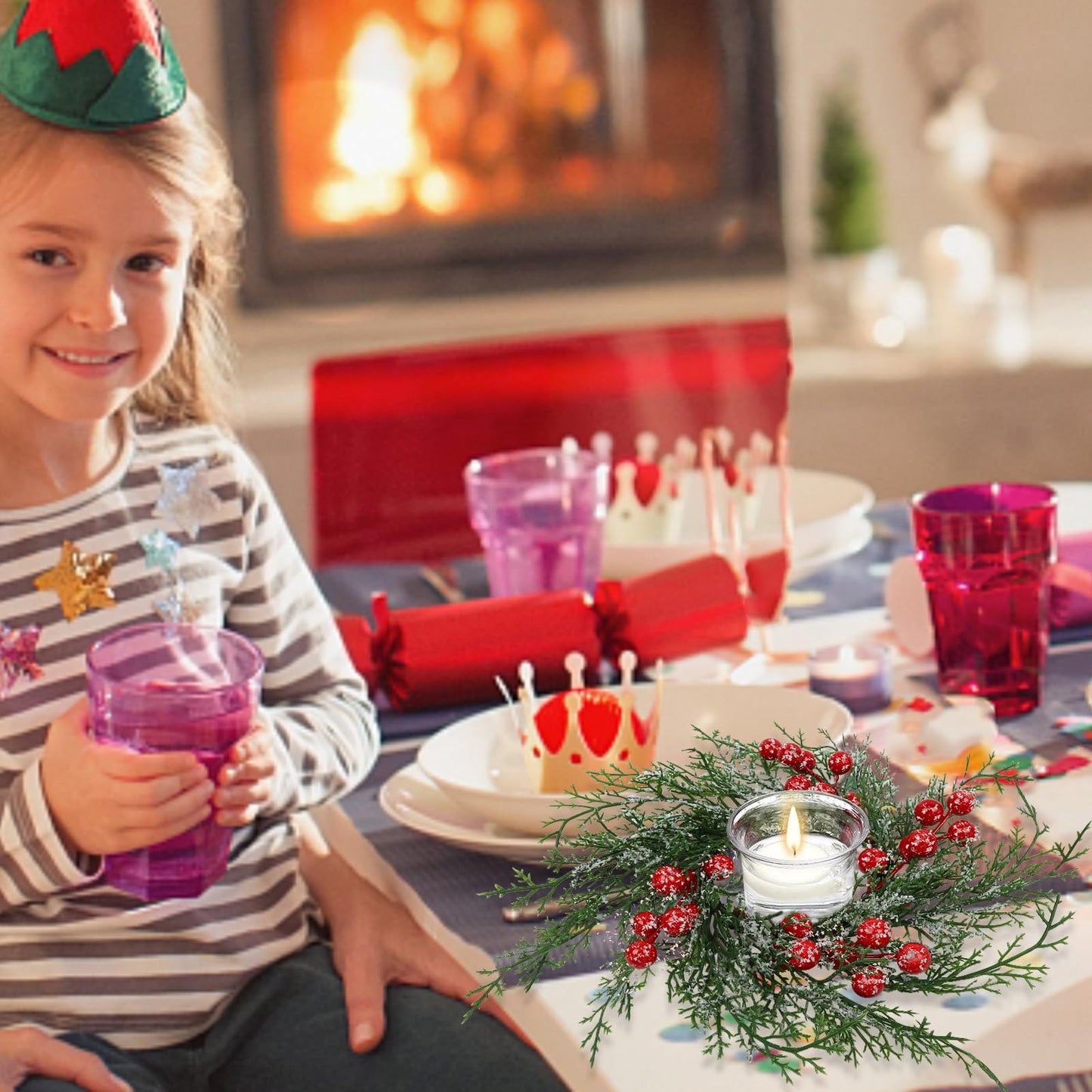 Serlvan 6 Pcs Christmas Candle Rings Wreath Artificial Candle Rings with Red Berry, Snowy Pine Garland Candle Ring Holder for Christmas Decorations Table Centerpiece