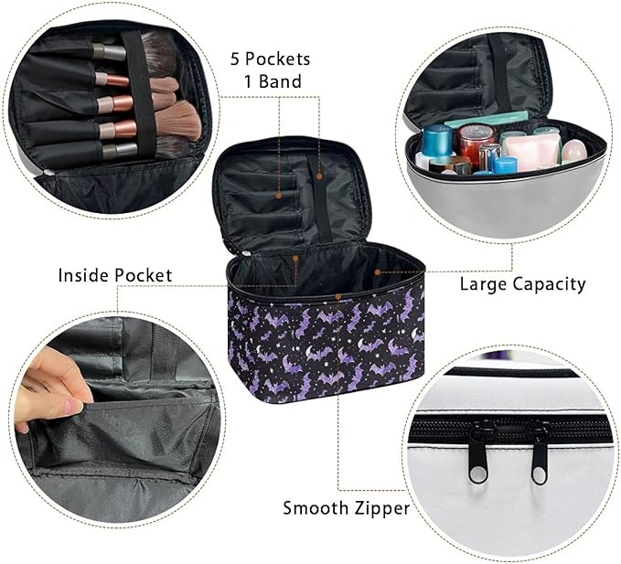 Bat Stars Pattern Travel Makeup Bags for Women Portable Tote Cosmetic Case with Carry Handle Toiletry Accessories Storage Organizer Bags for Halloween