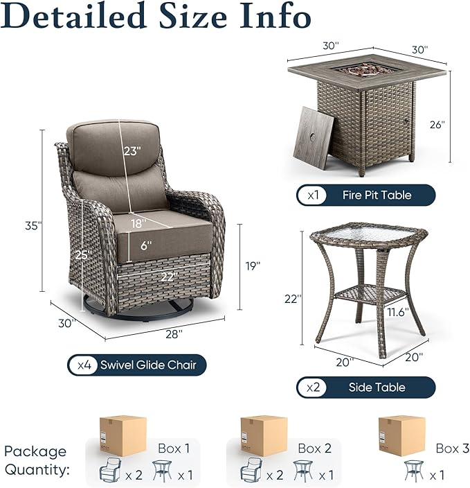 Belord Luxury 6" Thick Cushioned Outdoor Swivel Rocker Chairs Set of 4 with Fire Pit Table, High Back Wicker Patio Furniture Set with Ergonomic Zone Back, Conversation Set for Deck Porch - Grey+Grey