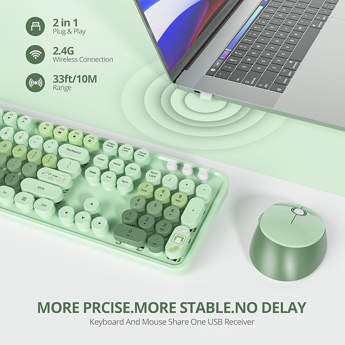 Owpkeenthy Colorful Green Keyboard and Mouse Wireless, 2.4G Retro Typewriter Aesthetic Cute Computer Keyboard Full-Size with Number Pad (Colorful Green)