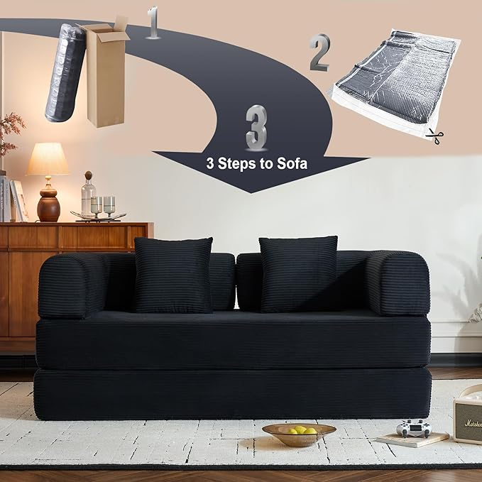 ZEIINPA Convertible Sleeper Sofa Bed with Fixed-Shape Frame, Corduroy Folding Boneless Couch with Cylindrical Pillow, Comfy Floor Sofa Couch for Living Room, No Assembly Required, Black