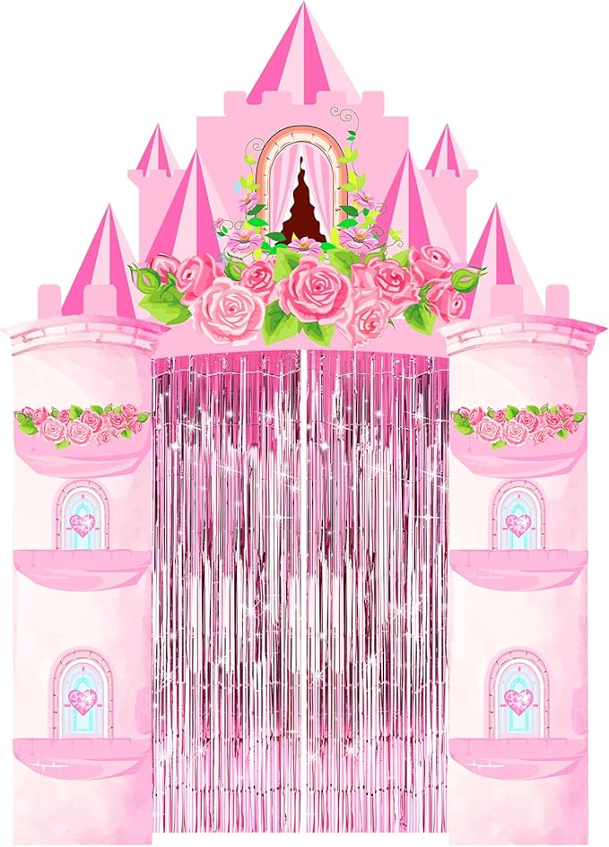 Bafeil Princess Birthday Party Decorations Supplies - Castle Door Porch Banner Backdrop and Pink Foil Fringe Curtains for ...