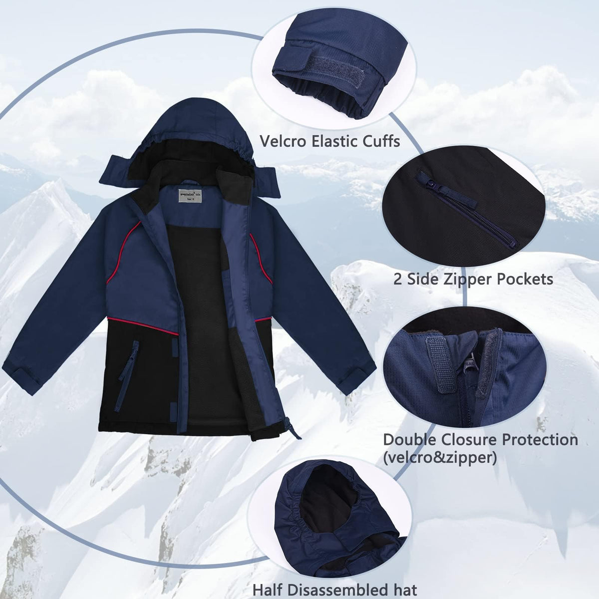 ENDIRAD Kids Rain Jackets for Boys Size 5t-6t, Lightweight Windproof Raincoat - Hooded Spring Jackets, Warm Fleece Winter Coat for Kids (Navy)