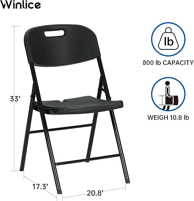 Winlice 100 Pack Thicker 800 LBS Black Folding Chairs, Commercial Grade Folding Chair, Foldable Chairs for Events