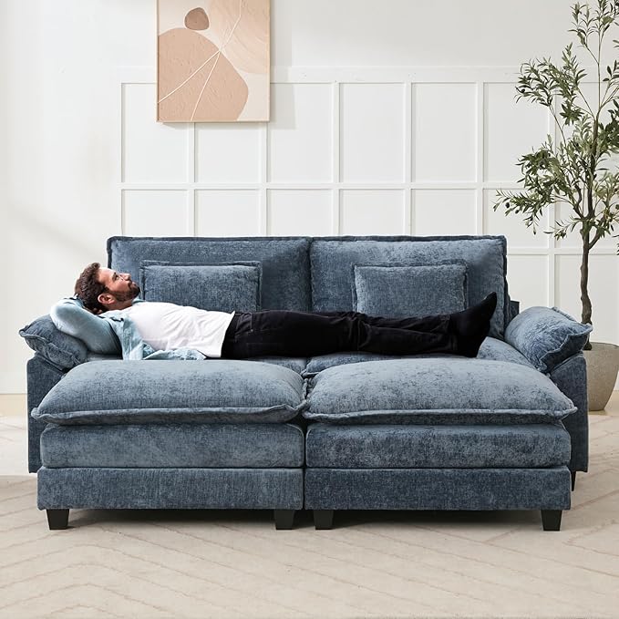 Oprisen 86" Modular Sectional Sofa, Comfy Cloud Couch Sectional Sofa with Ottoman, Chenille Sofa Sleeper Deep Seat Sofa with Throw Pillows for Living Room (Blue)