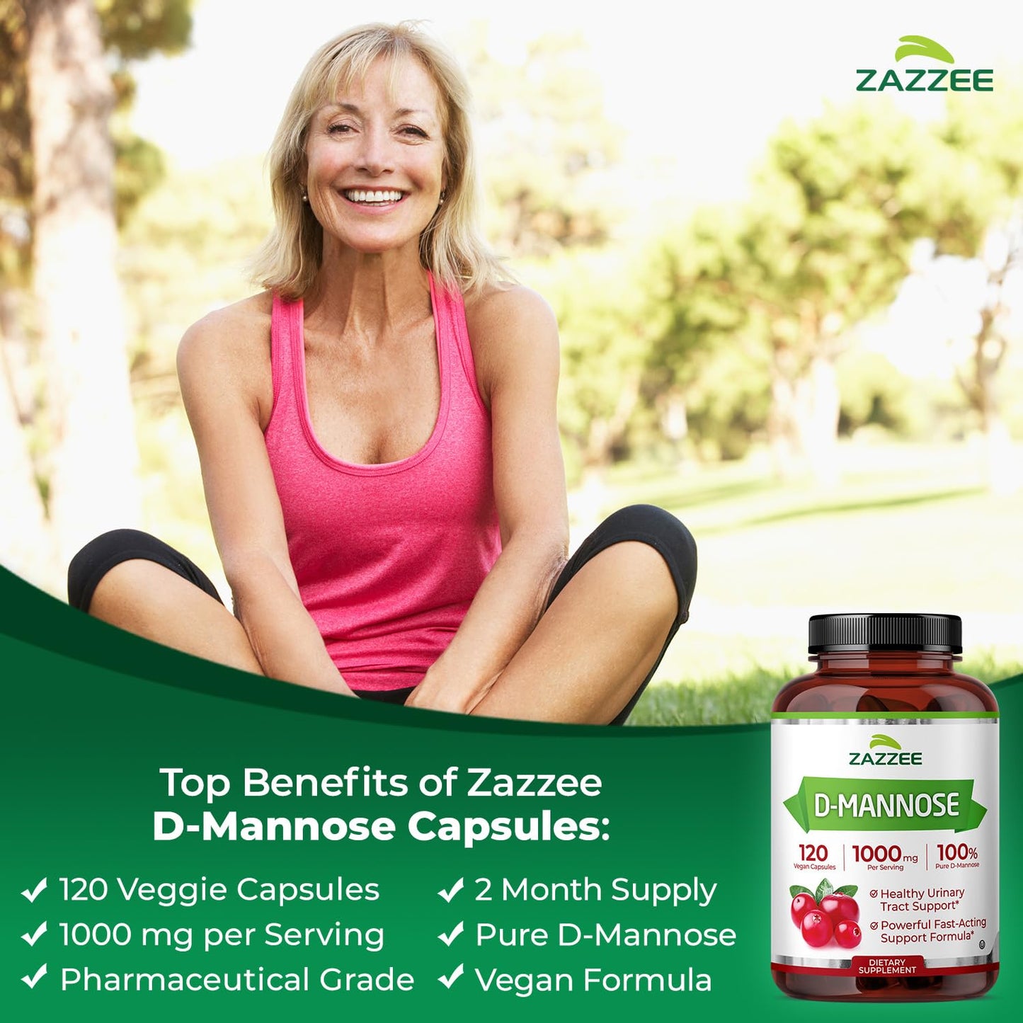 Zazzee D-Mannose, 1000 mg per Serving, 120 Vegan Capsules, 2 Month Supply, Potent & Fast-Acting, Certified Kosher, 100% Pure, All-Natural Urinary Tract Health Support, 100% Vegetarian, Non-GMO