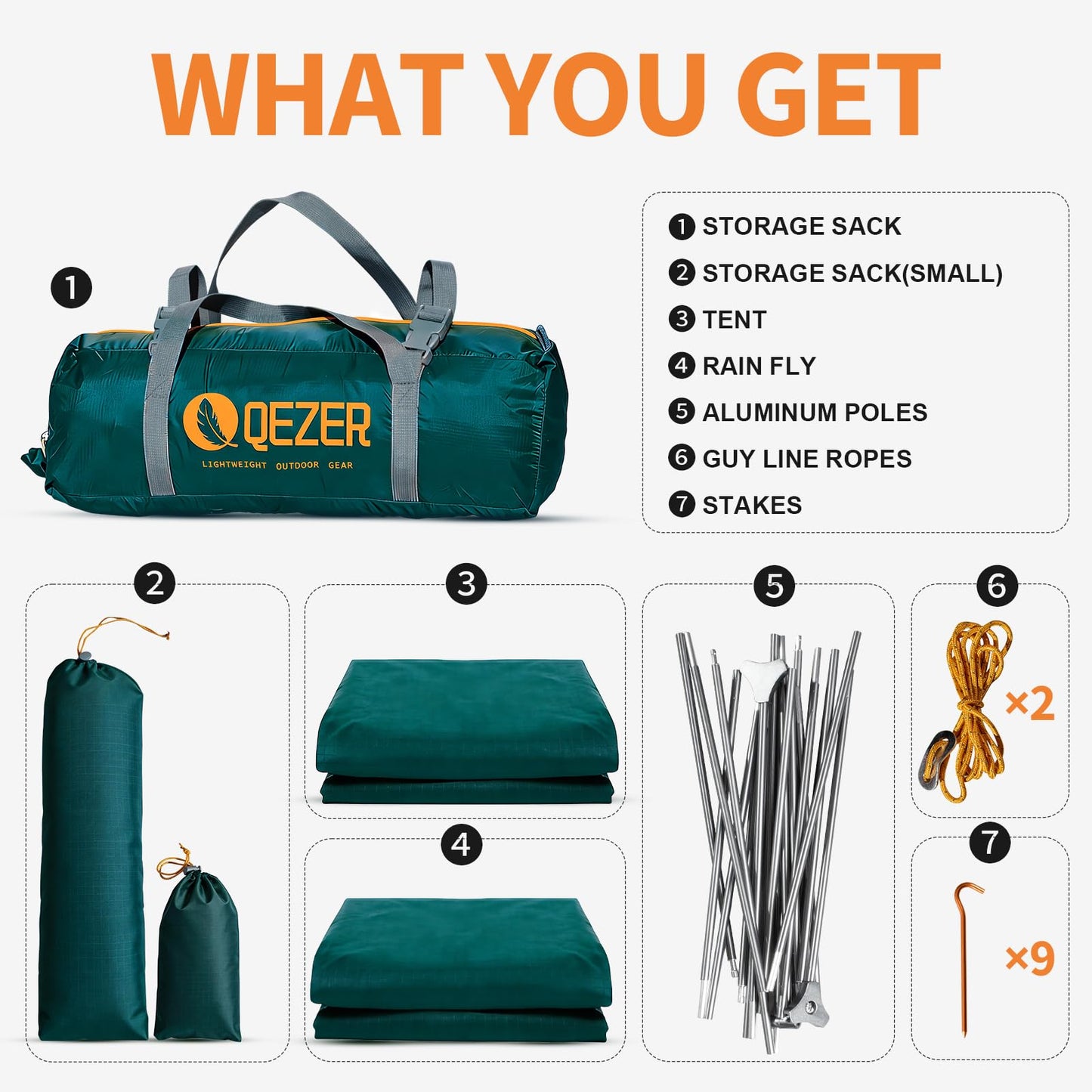 QEZER Camping Tent 1/2 Person Tents Windproof Portable Adults Tents for Camping Hiking Backpacking Traveling Easy Set up (Green, 2 Person)