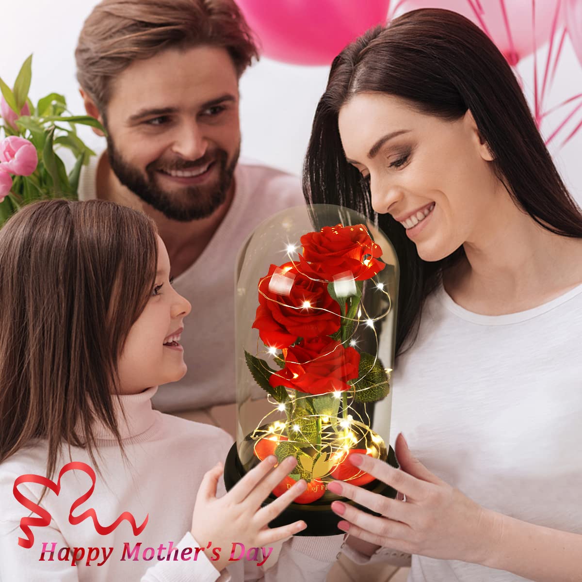 Flower Gifts for Women,Beauty and The Beast Rose in Glass Dome with 2 Lights Mode,Light up Rose Anniversary Romantic Gift for her,Birthday Gifts for Women,Mom,Wife,Girlfriend,Silk Red Rose Gift