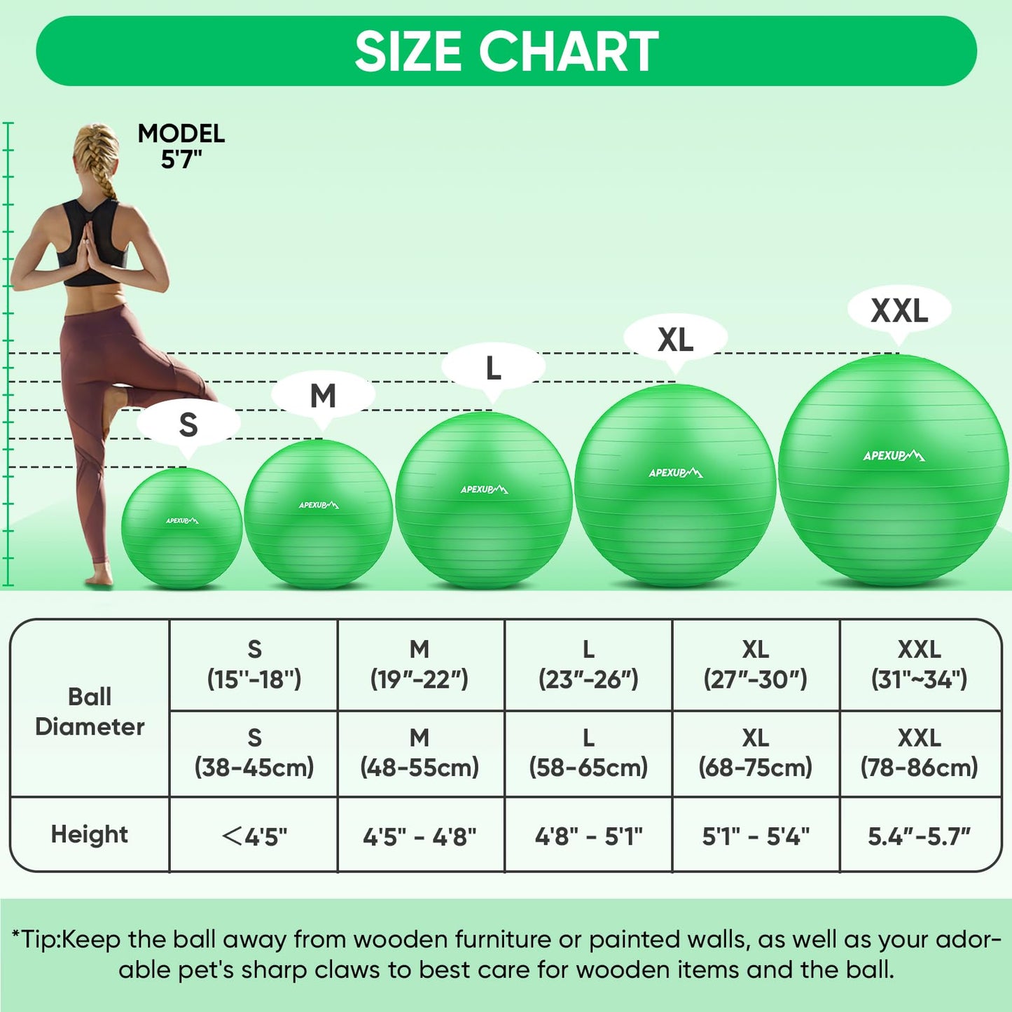 APEXUP Yoga Ball Exercise Ball, Anti Slip Stability Ball Chair, Heavy Duty Large Gym Ball for Fitness, Balance, Core Workout and Physical Therapy (S (15"~18") 45cm, Dark Green)