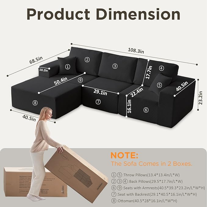 INGEROOM 108" Cloud Sectional Couch with Chaise, Modular L-Shaped Sofa, Deep Seat Comfy Corduroy Memory Foam Couch for Apartments, Dorms or Small Space, No Assembly Required, Black