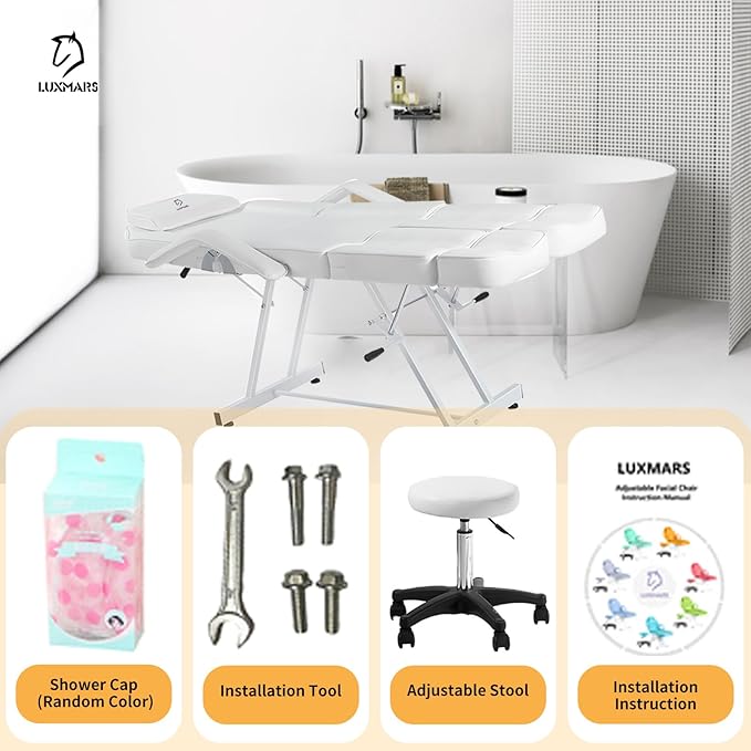 Facial Chair, Adjustable Tattoo Chair Salon Bed with Hydraulic Stool Massage Bed for Professional Massage Facial Lash Beauty Treatment Spa (White15)