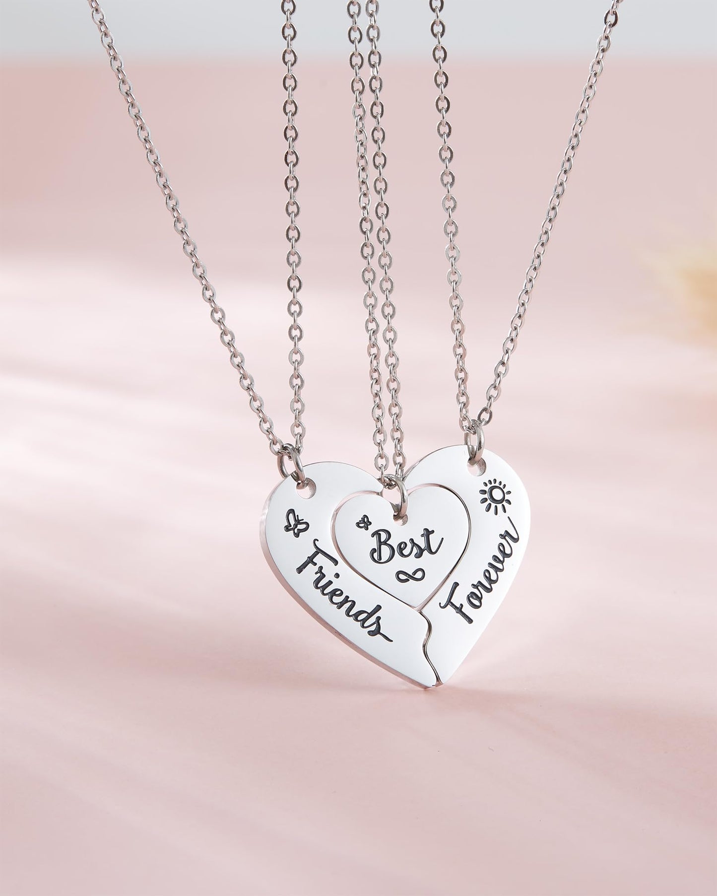 HOFOYA Stainless Steel Necklace, 3-Piece BFF Heart Pendant Set for Women Teen Girls, Best Friends Forever Gift for Sisters, Chri
