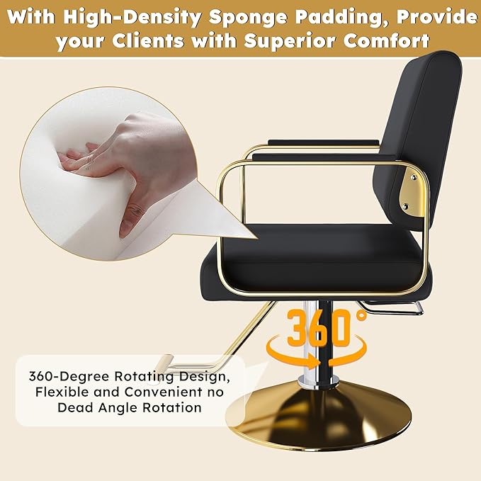 Barber Salon Chair, 360° Rotation Height Adjustable Barber Stylist Hair Chair with Hydraulic Pump, Hairdressing Chair for Barbershop & Beauty Spa(Black+Gold)