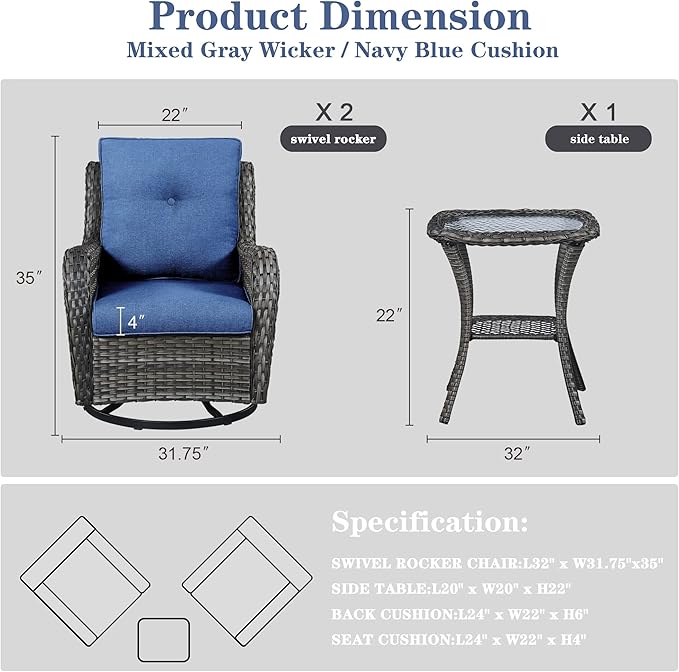 Belord Patio Swivel Rocking Chairs - Outdoor Wicker Glider Swivel Rcoker, 3 Pieces Patio Wicker Furniture Sets for Porch Includes 2 Swivel Rocking Chair and 1 Side Table