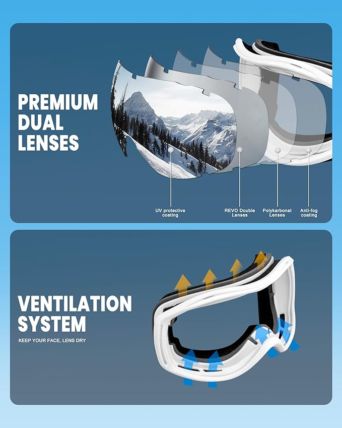 AVV Ski Goggles UV Protection, Anti-Fog Snowboard Snow Goggles OTG for Men Women Adults & Youths