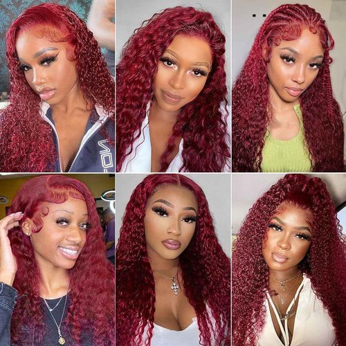 ZHUO JIA 99J Burgundy Deep Wave Lace Front Wigs Human Hair for Black Women 13x4 HD Lace Frontal Wigs Human Hair Pre Plucked 180 Density Red Colored Deep Curly Wet and Wavy Glueless Wig 26 Inch