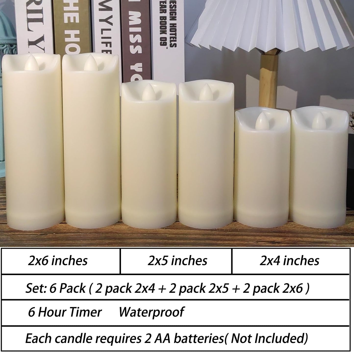 6 Pack Battery Operated Candles 2"x4"/5"/6" Plastic Flickering LED Flameless Candles with Timer Outdoor Waterproof Wedding Party Halloween Christmas Decoration Gifts Realistic Slim Tall Pillar Candles