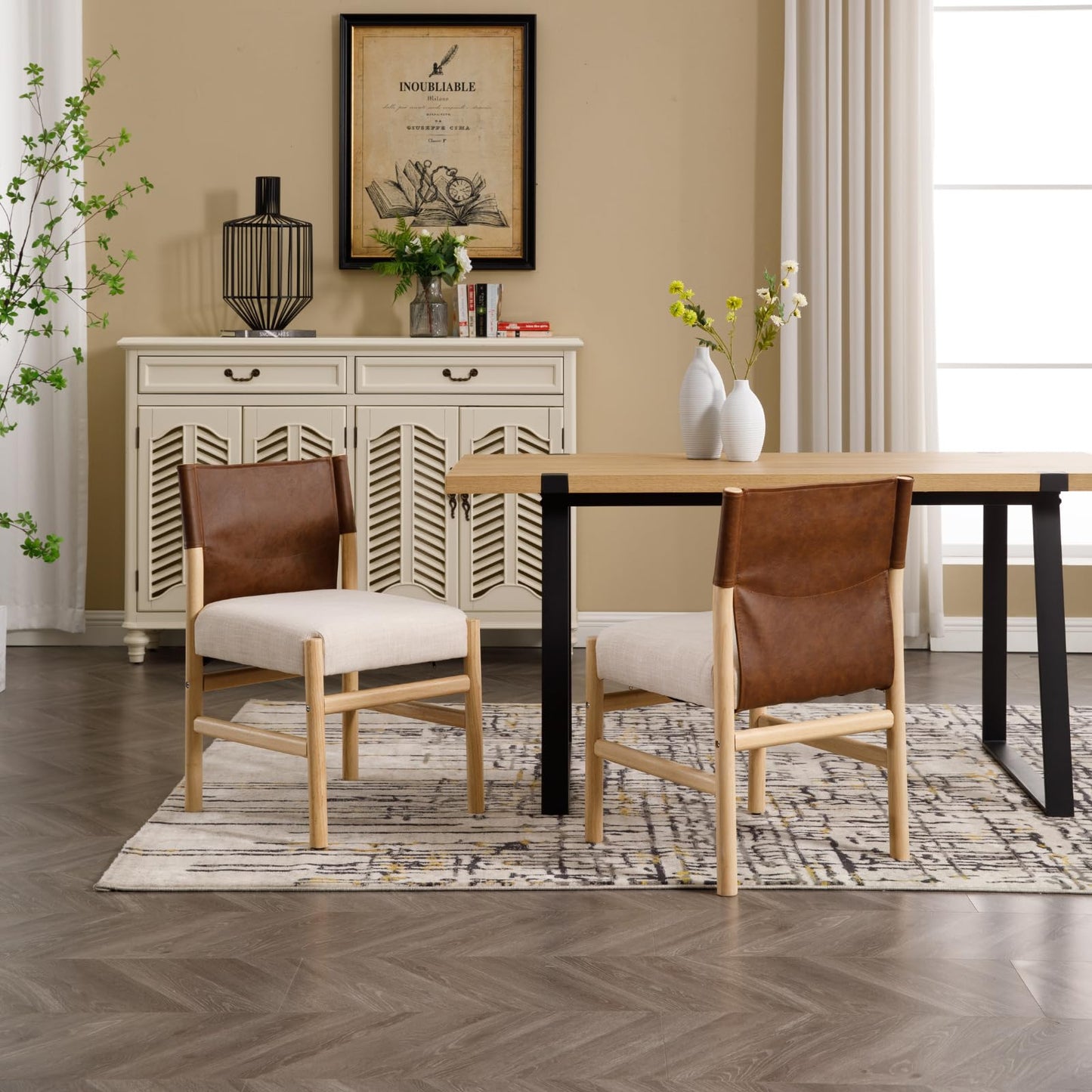 RIVOVA Modern Dining Room Chairs Set of 2, Farmhouse Upholstered Fabric Kitchen Chairs with Leather Back, Wooden Side Armless Chair for Kitchen and Dining, Beige Linen