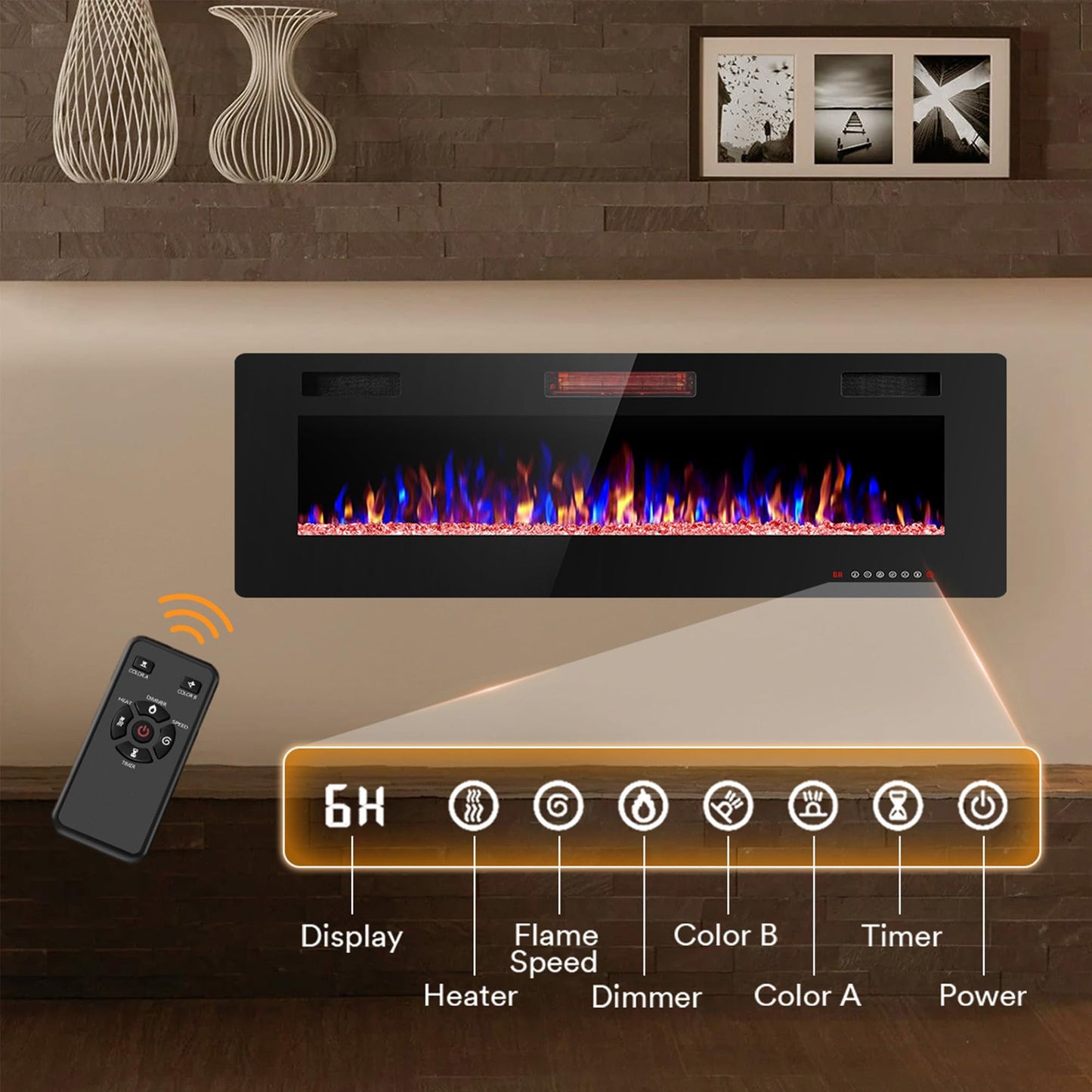 Joy Pebble 50 Inch Electric Fireplace Inserts, in-Wall Recessed and Wall Mounted 750/1500W Fireplace Heater, Touch Screen, Remote Control with Timer, Adjustable Flame Color and Speed