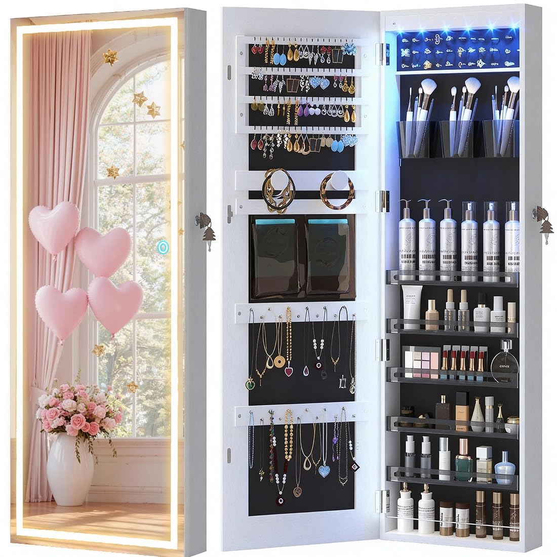 LVSOMT LED Mirror Jewelry Cabinet Door Hanging, Wall Mounted Jewelry Mirror Organizer Full Length, Lockable Jewelry Armoire, Large Capacity, for Small Space Bedroom, Gift for Women, White