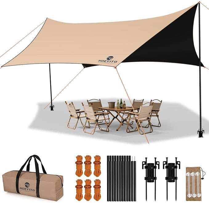 Camping Tarp with Poles & Retainer,15x12.5FT Large Waterproof 210D Oxford Cloth Camping Canopy, Anti-UV UPF100+ Tent Tarp ...