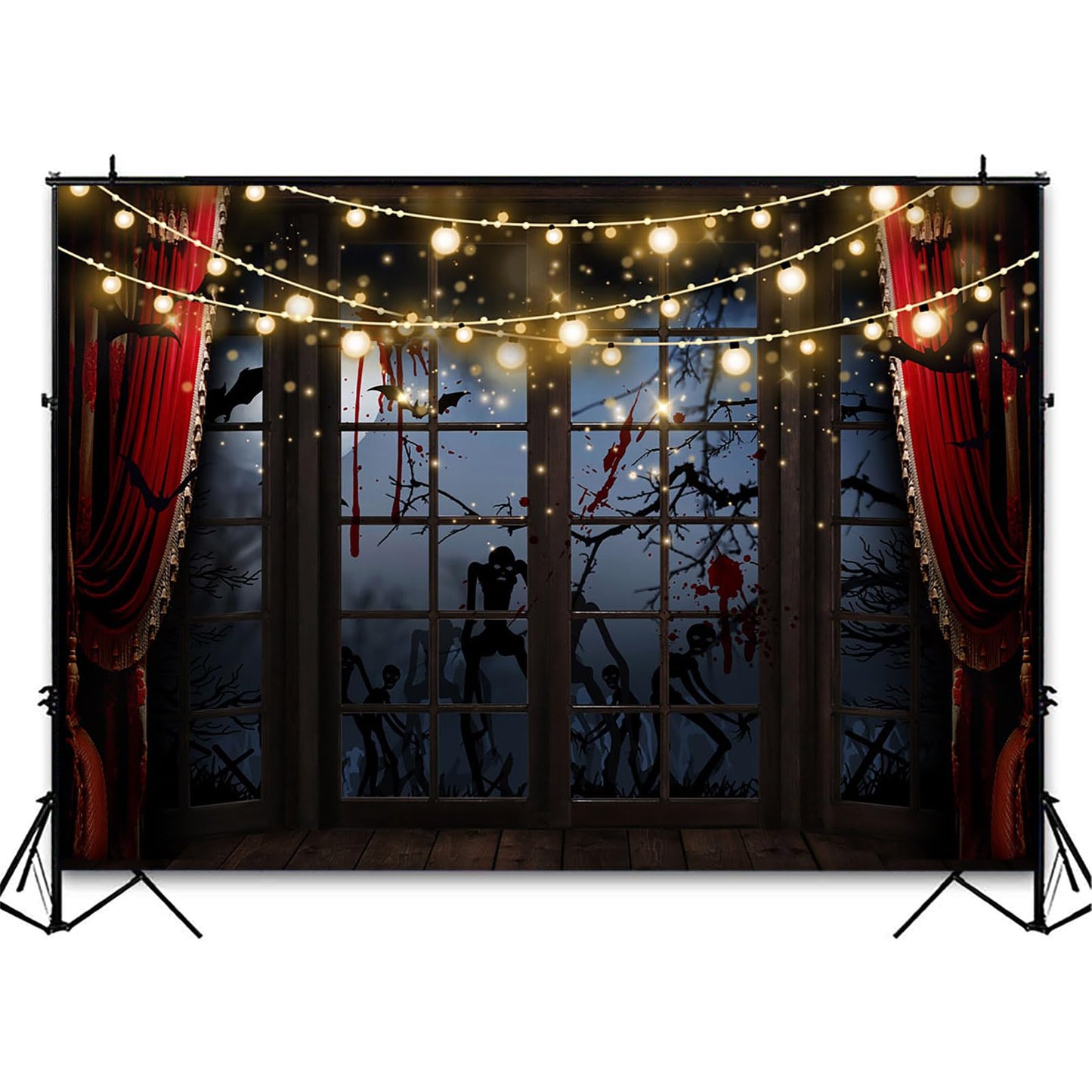 Avezano Halloween Backdrop for Photography Horrible Night Window Scene Background Cemetery Spooky Skeleton Zombie Scary Halloween Party Decorations Photo Booth Banner (7x5ft)