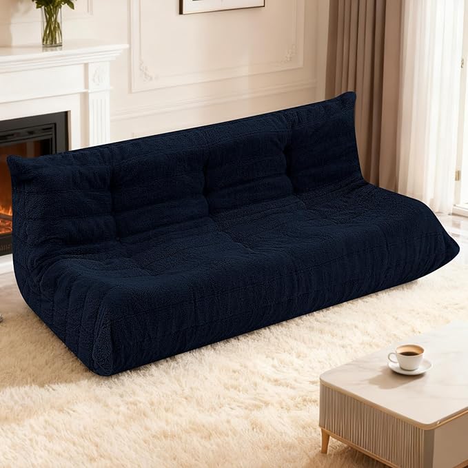 HABUTWAY Bean Bag Chairs Fireside Lazy Floor Sofa, Soft Teddy Fleece 3 Seater Sofa with High-Resilience Foam Filling，Beanbag for Living Room, Bedroom, Office (Navy Blue Teddy)