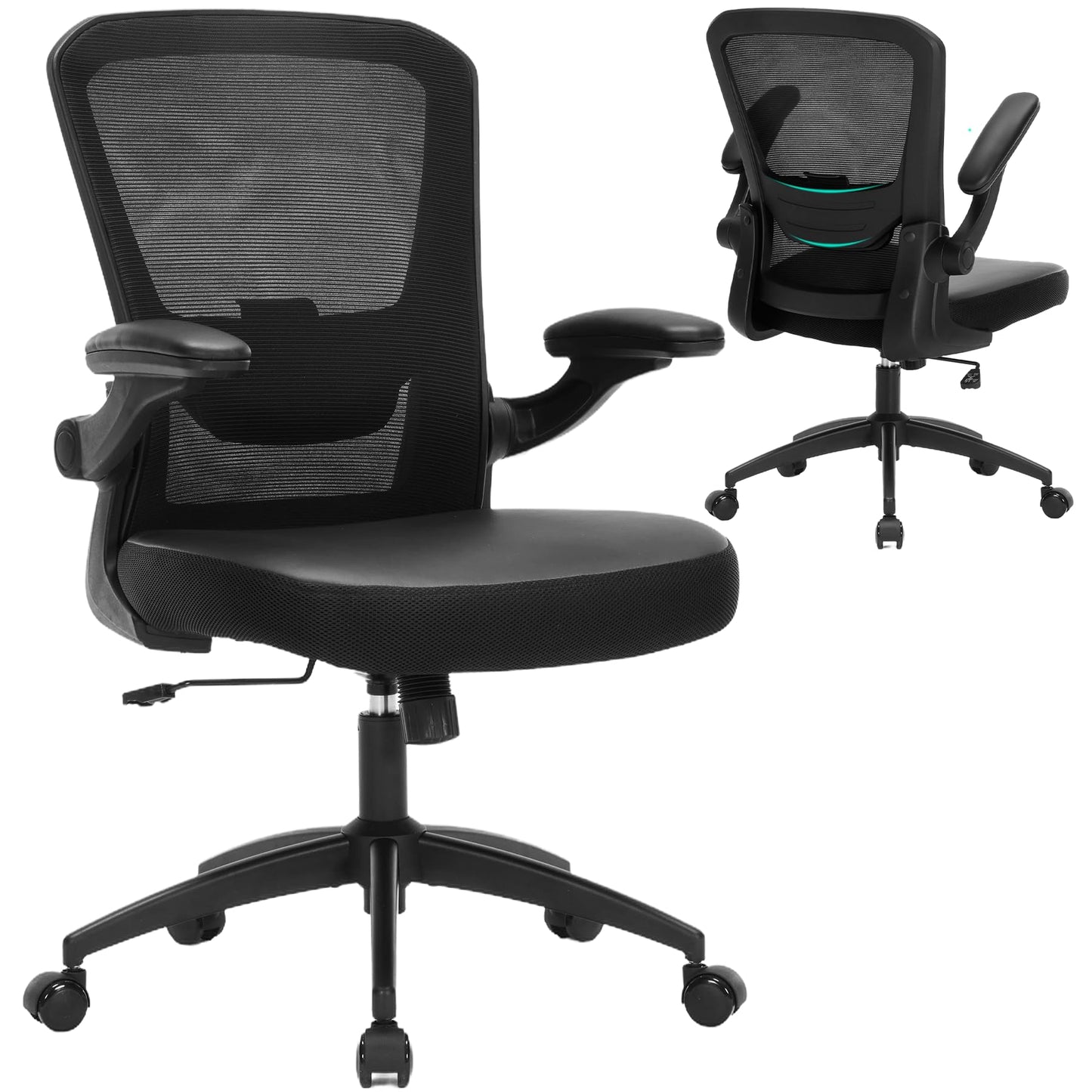 TOPBSHODC Ergonomic Office Chair 400lbs PU Leather Mesh Desk Chair with Lumbar Support, Flip-Up Arms, Swivel Wheels, Adjustable Height, Rolling Executive Computer Task Chair for Home Office,Black