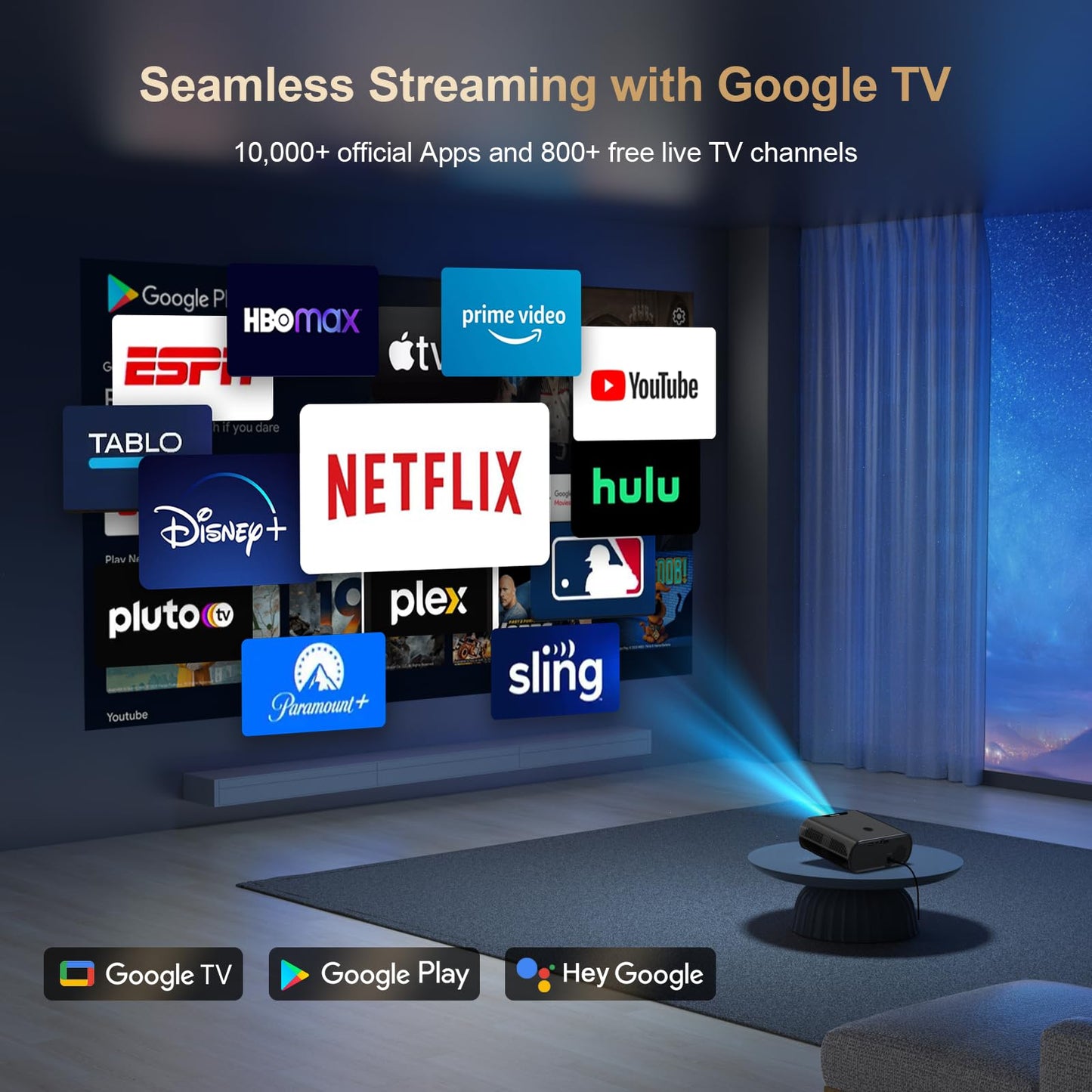 [2000ANSI/GoogIe TV/Built-in Apps] All-in-One Smart Projector with Wifi and Bluetooth, Goiaey C26 Mini Projector, HDMI ARC CEC GoogIe Voice, DoIby Audio, Zoom Native 1080P 4K Supported Movie Proyector