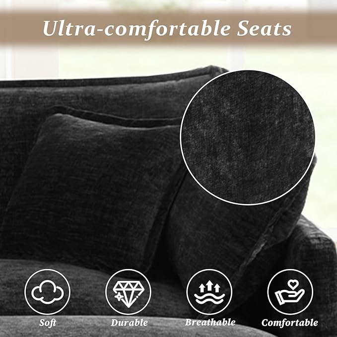 SoarFlash Chenille Sectional Sofa, Comfy L Shaped Modular Coush Sofa with Ottoman, Modern 3 Seat Couch Deep Seat Sofa Set for Living Room,Black
