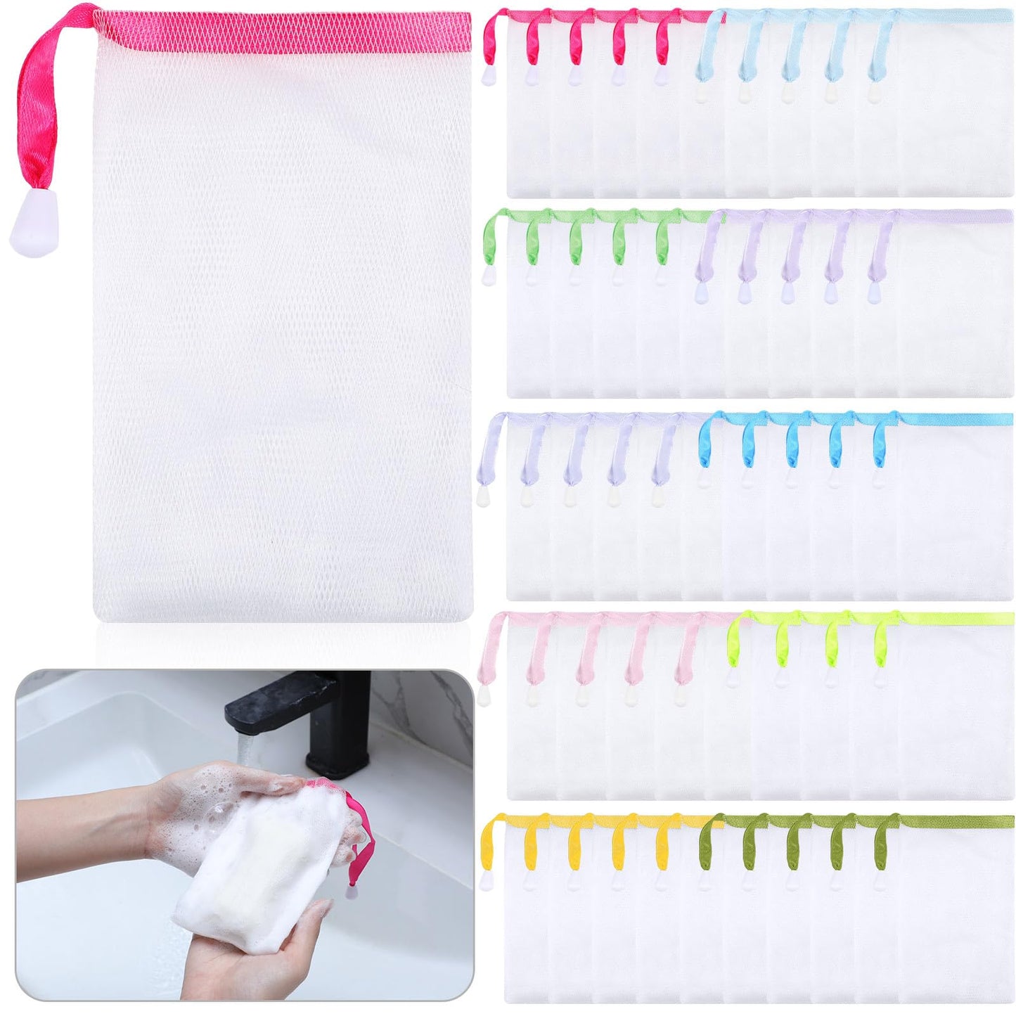 Sunnyray 50 Pcs 10 Colors Soap Bag Soft Handmade Soap Bubble Mesh Bags Exfoliating Mesh Pouch with Drawstring for Foaming and Dr