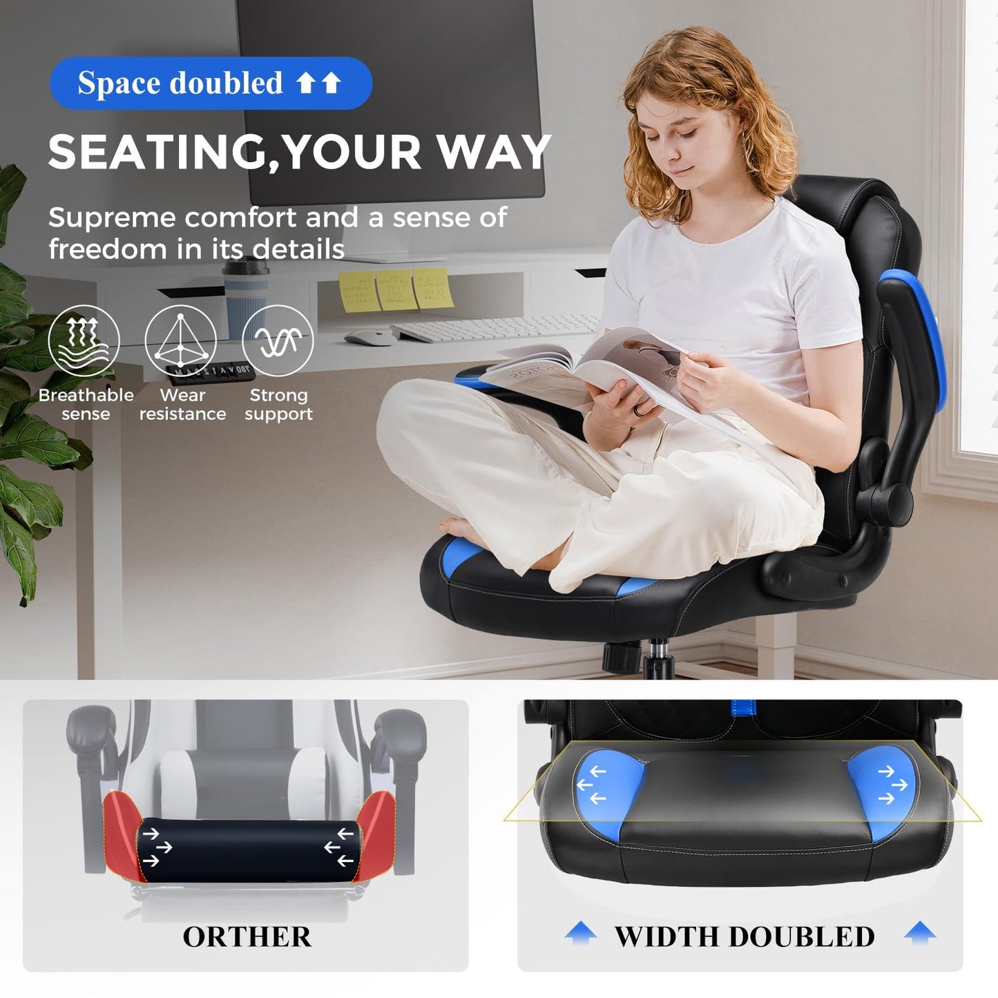 COMHOMA Office Computer Gaming Chair Ergonomic Desk Chair for Adults with Lumbar Support Flip-Up Arms Adjustable Height Swivel Wheels PU Leather Executive Design for Short People Use, Blue