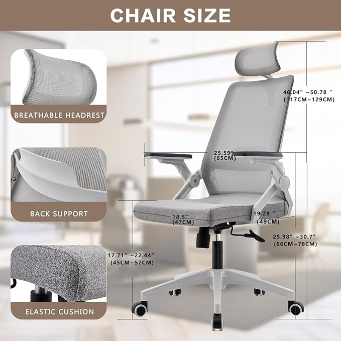 Msdizuo Ergonomic Office Computer Chair for All-Day Comfort, Dynamic Lumbar Support & Adjustable Headrest, 90° Swivel Flip-Up Arms Mesh Desk Chair - White, Tilt Lock, 350lbs