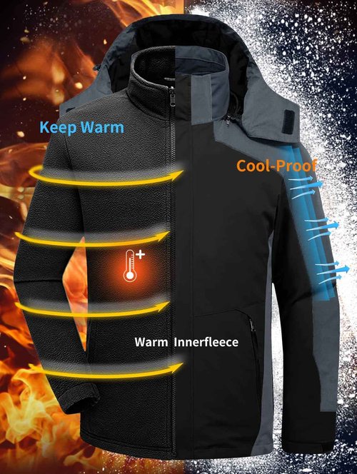 Kugnala Mens Winter Skiing Jacket 3 in 1 Waterproof Warm Snow Fleece Lining Coat Hooded Windproof Jacket Black/Grey S