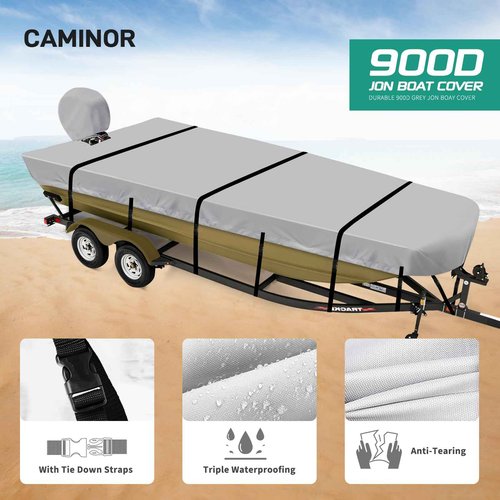 Caminor Jon Boat Cover 14 ft, 900D Heavy Duty Trailerable Waterproof Jon Boat Cover 14 Foot with Motor Cover, Marine Grade Canvas,Gray