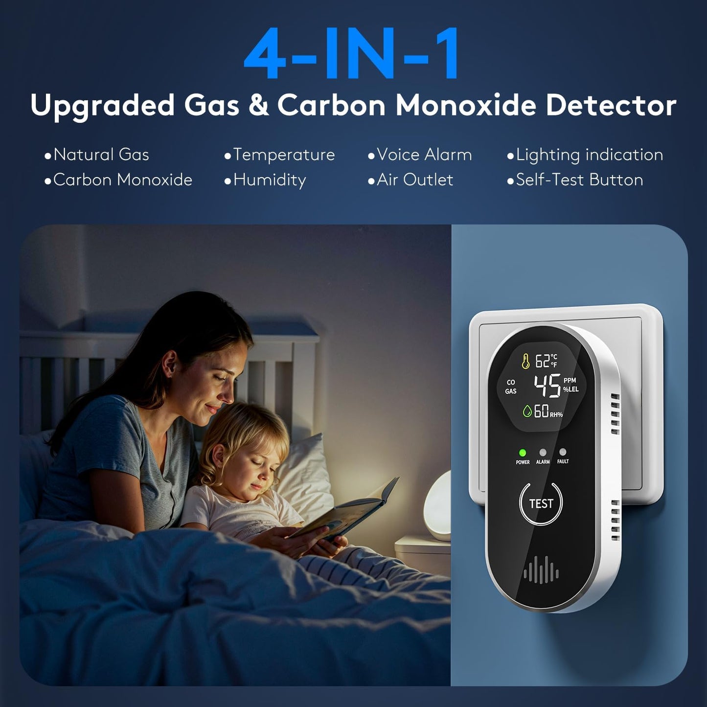 2 Packs Carbon Monoxide Detectors, 4-in-1 CO & Natural Gas Detection Plug-in, 85dB Warning with Digital Screen, Easy Installation for RV/Bedroom/Office,Provides Reliable Daily Monitoring