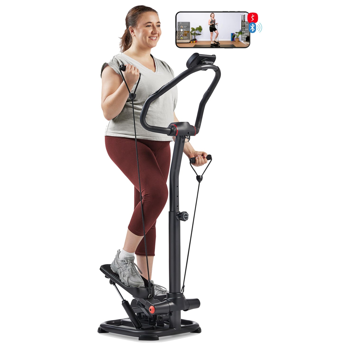 Sunny Health & Fitness 2-in-1 Power Stepper, 400 lb Weight Capacity, with Resistance Bands, Height-Adjustable, Low-Impact Cardio, Space-Saving Design, Bluetooth + SunnyFit App