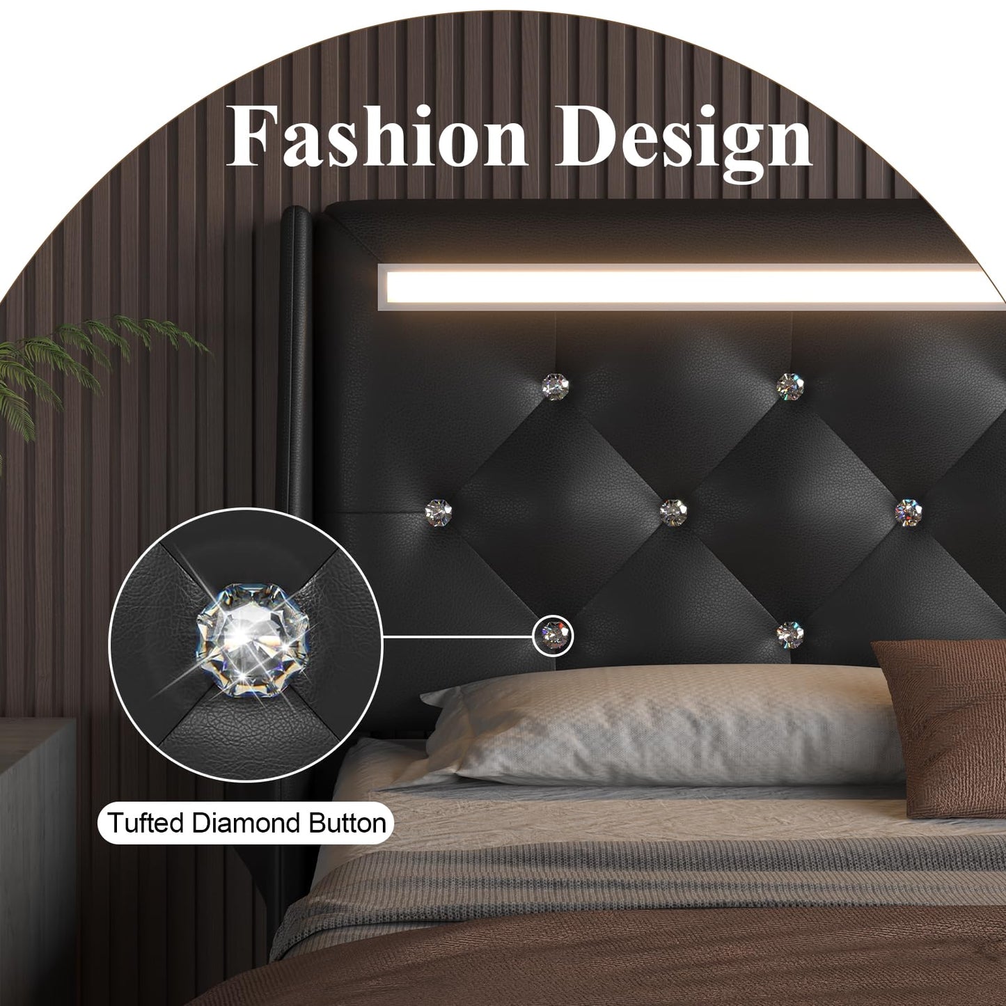 E-Motie Full Size Bed Frame with Wingback Upholstered Diamond Tufted Storage Headboard, LED Lights and Charging Station, Solid Wood Slats, Noise-Free, Easy Assembly, No Box Spring Needed, Black