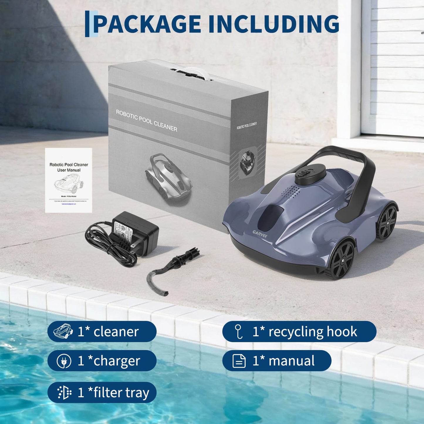Garvee Cordless Robotic Pool Vacuum Cleaner with 130-Min Runtime, Self-Parking Technology for Above-Ground Pools up to 860 Sq.Ft, Efficient Filtration & Portable Design