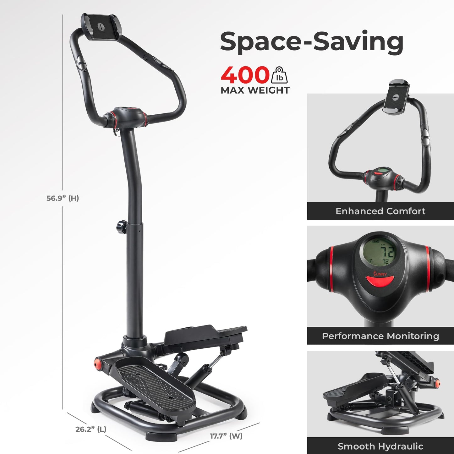 Sunny Health & Fitness 2-in-1 Power Stepper, 400 lb Weight Capacity, with Resistance Bands, Height-Adjustable, Low-Impact Cardio, Space-Saving Design, Bluetooth + SunnyFit App