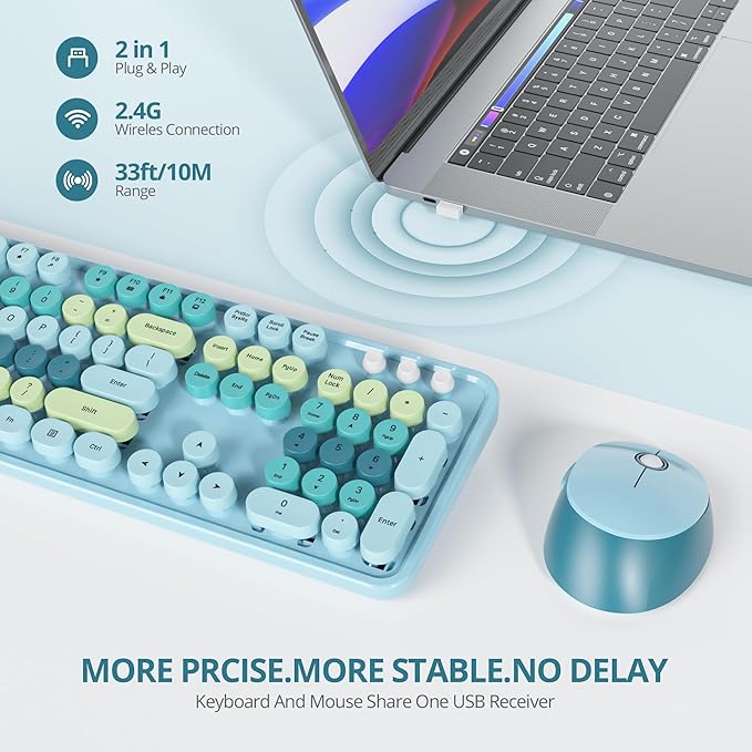 Wireless Keyboard and Mouse Set, Retro Typewriter Keyboard, 2.4GHz Full Size 104-Key Cute Keyboard with Number Pad, Colorful Keyboard with Round Keycaps for Windows PC Laptop(Colorful Blue)