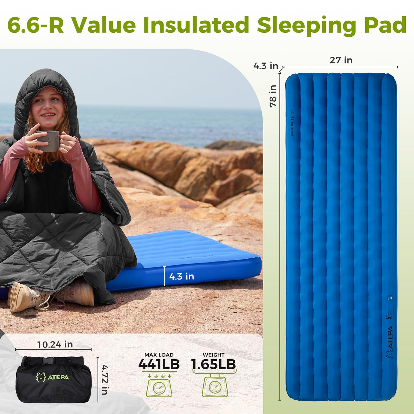 ATEPA ThermAir Pro Backpacking Sleeping Pad, 6.6 R-Value Insulated Ultralight Inflatable Sleeping Pad Folding Camping Pad with 7 Layers & Storage Bag for Camping Backpacking, Wide Long Size (78"x27")