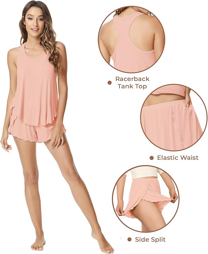 NACHILA Pajamas for Women-Viscose from Bamboo, Ribbed Racerback Tank Top Sexy Split Shorts Pajama Sets Cooling Sleep Cami Pjs