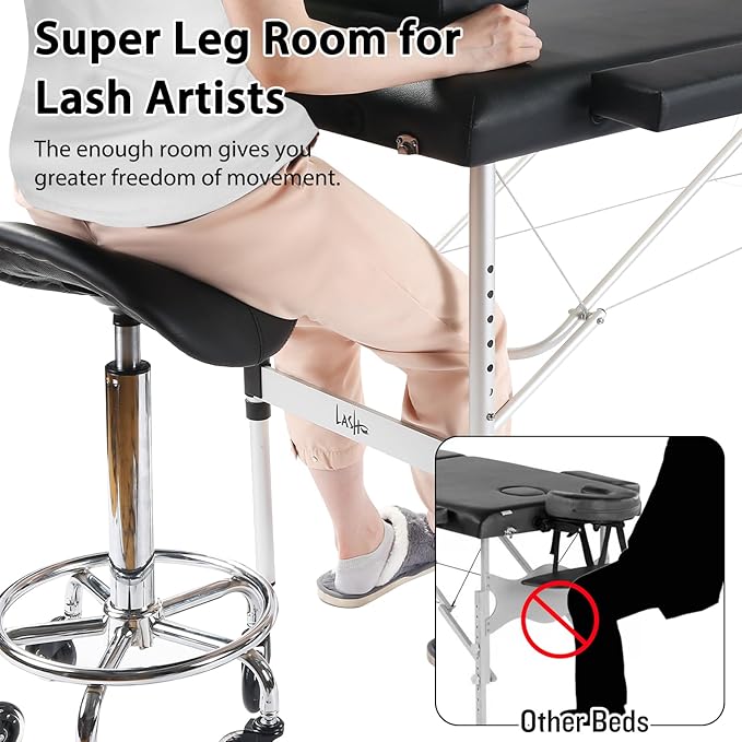 Portable Lash Bed for Lash Extensions Massage Table Esthetician Bed Salon Table Spa Bed Height Adjustable Waterproof Aluminum Frame (Black)