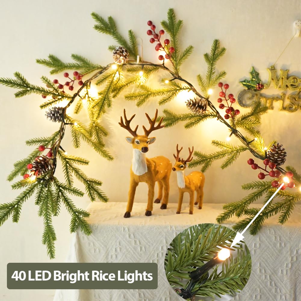 Superior Christmas Garland 6.56 FT 40 Rice LED Pine Garlands with Lights Battery Operated with Timer 8 Flash Modes Christmas Decoration for Mantle Fireplace Indoor Outdoor Holiday Home Xmas Decor